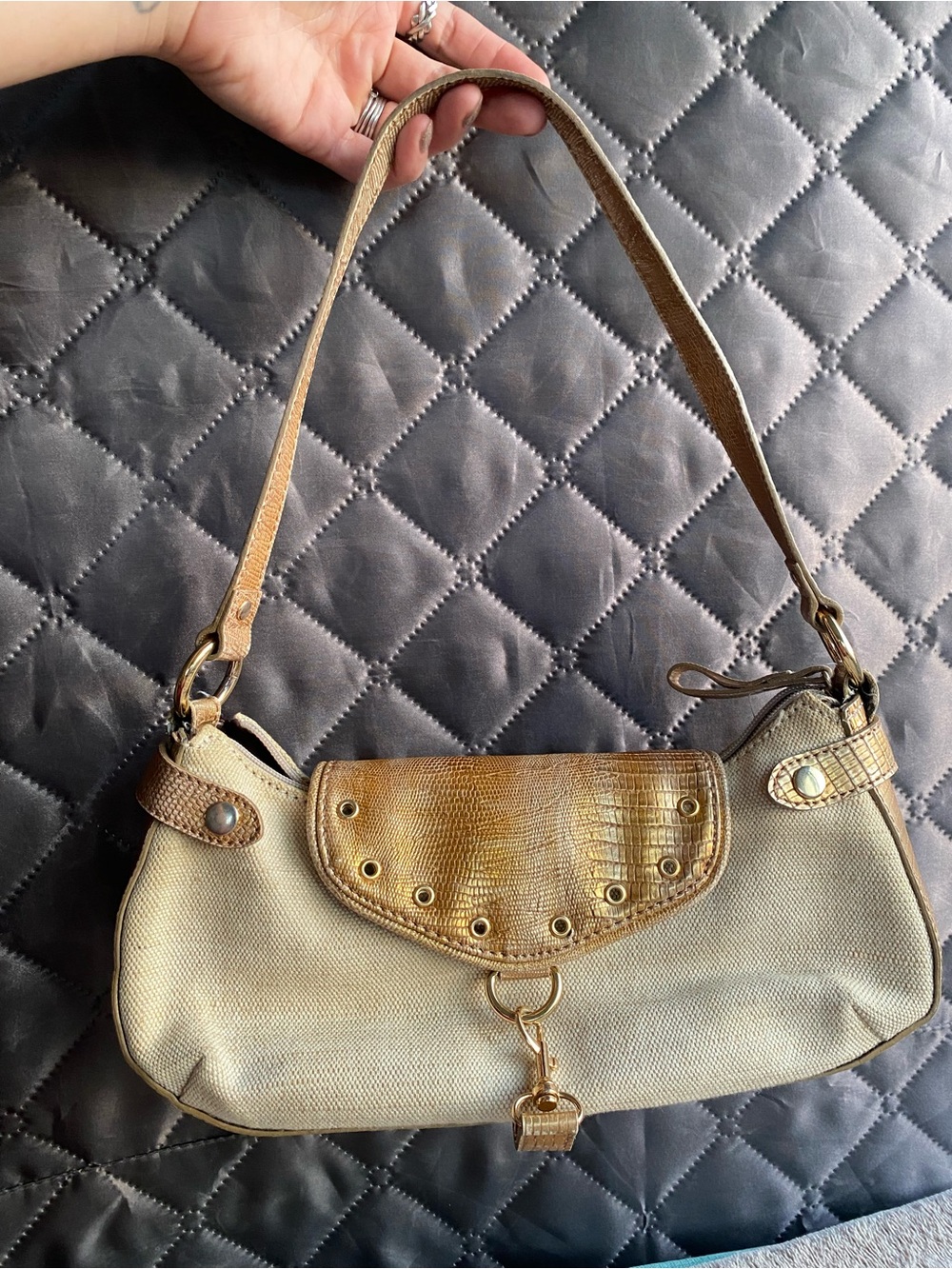 Vintage Y2K Canvas Baguette Shoulder Bag Metallic Gold Trim Studded McBling